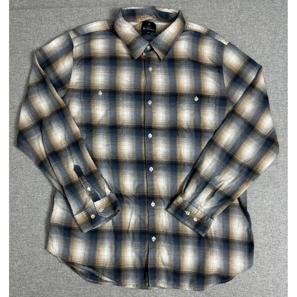 Ben Sherman Mens XXL Blue Tan Plaid Long Sleeve Button Down Flannel Shirt